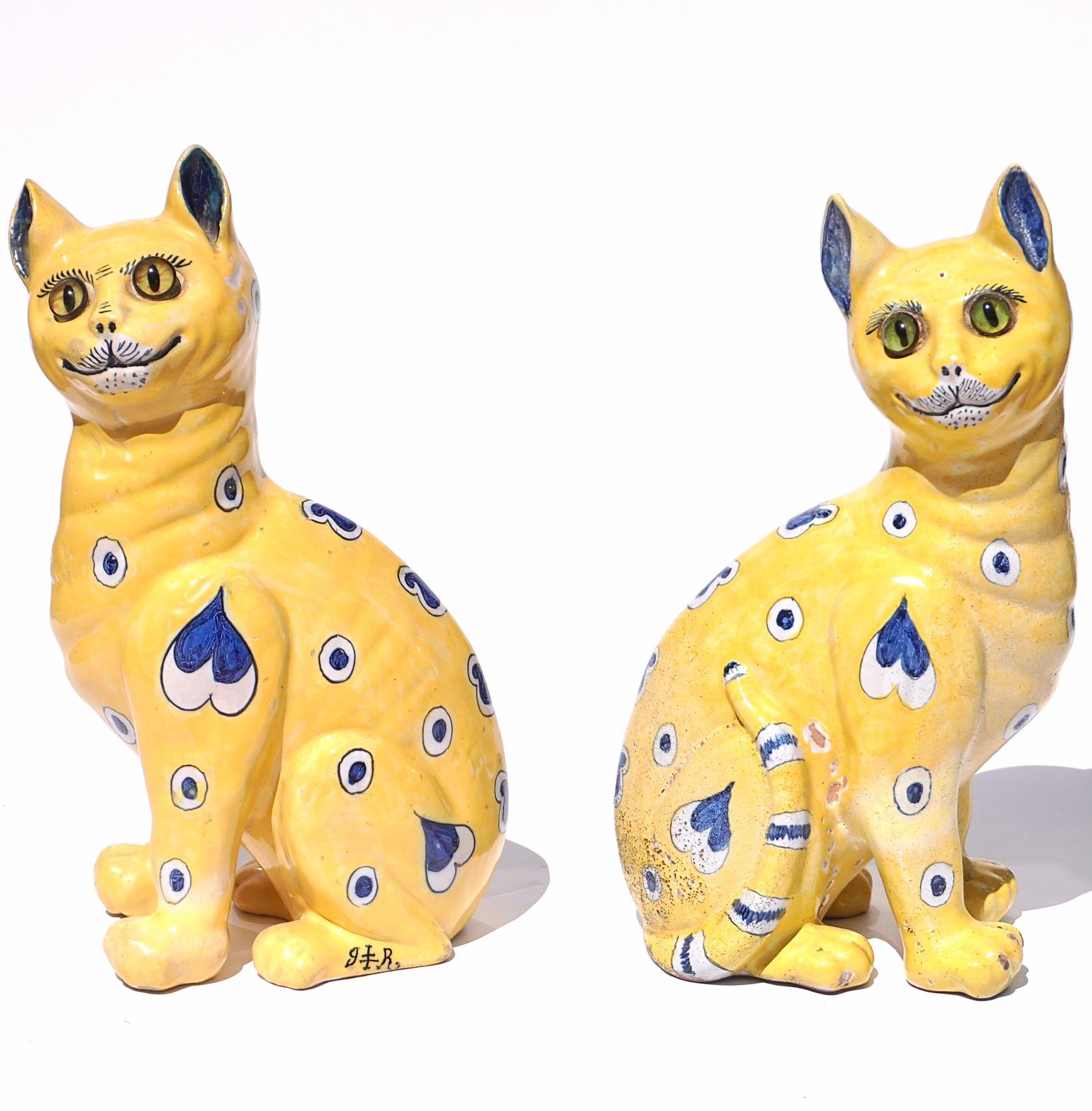 Emile Galle Faience Painted Pottery Cats Pair In Fair Condition For Sale In Dallas, TX