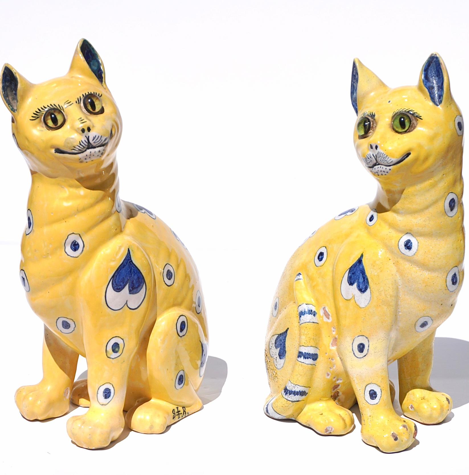 Late 19th Century Emile Galle Faience Painted Pottery Cats Pair For Sale