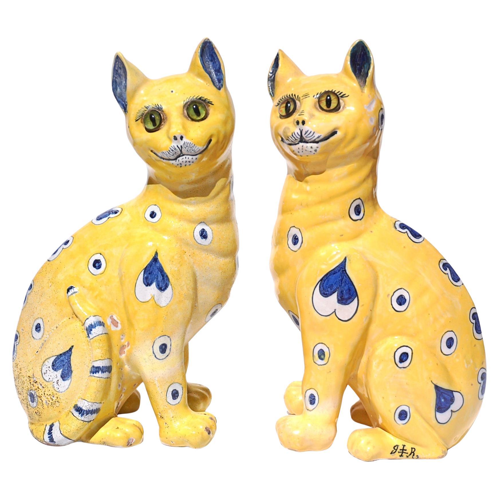 Emile Galle Faience Painted Pottery Cats Pair