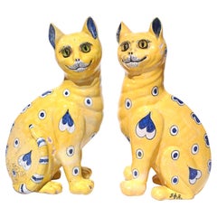 Antique Emile Galle Faience Painted Pottery Cats Pair