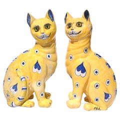 Antique Emile Galle Faience Painted Pottery Cats Pair