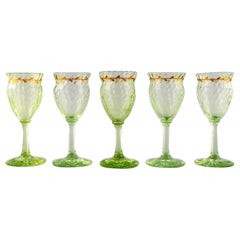 Emile Gallé, Five Early, Rare Wine Glasses in Light Green Art Glass