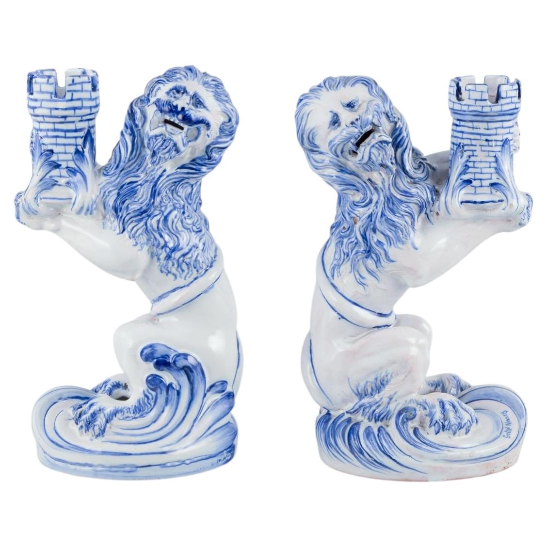 Emile Gallé for Nancy, St Clement. Pair of faience candle holders / seated lions