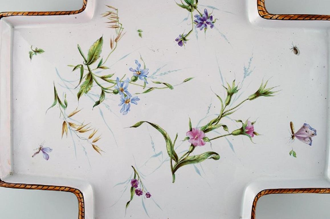 Hand-Painted Emile Gallé for St. Clement, Nancy, Large and Rare Serving Tray with Handles For Sale
