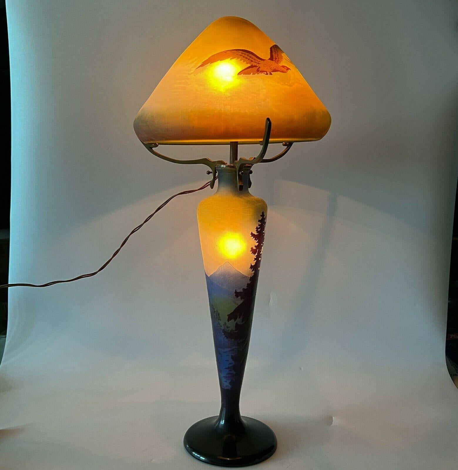 Emile Galle France Acid Etched 3 Layer Cameo Glass Table Lamp Trees Eagles, 1920 In Good Condition In Gardena, CA
