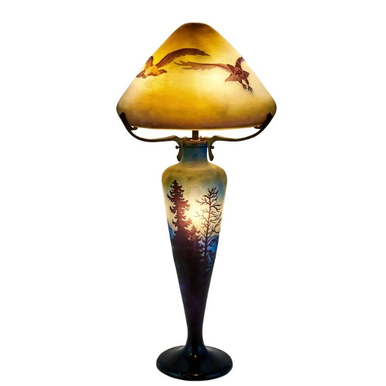 Emile Galle France Acid Etched 3 Layer Cameo Glass Table Lamp Trees Eagles,  1920 For Sale at 1stDibs