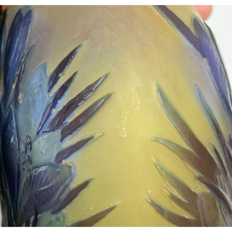 Emile Galle France Acid Etched 3 Layer Cameo Glass Vase Blue Crocus Flowers 1
