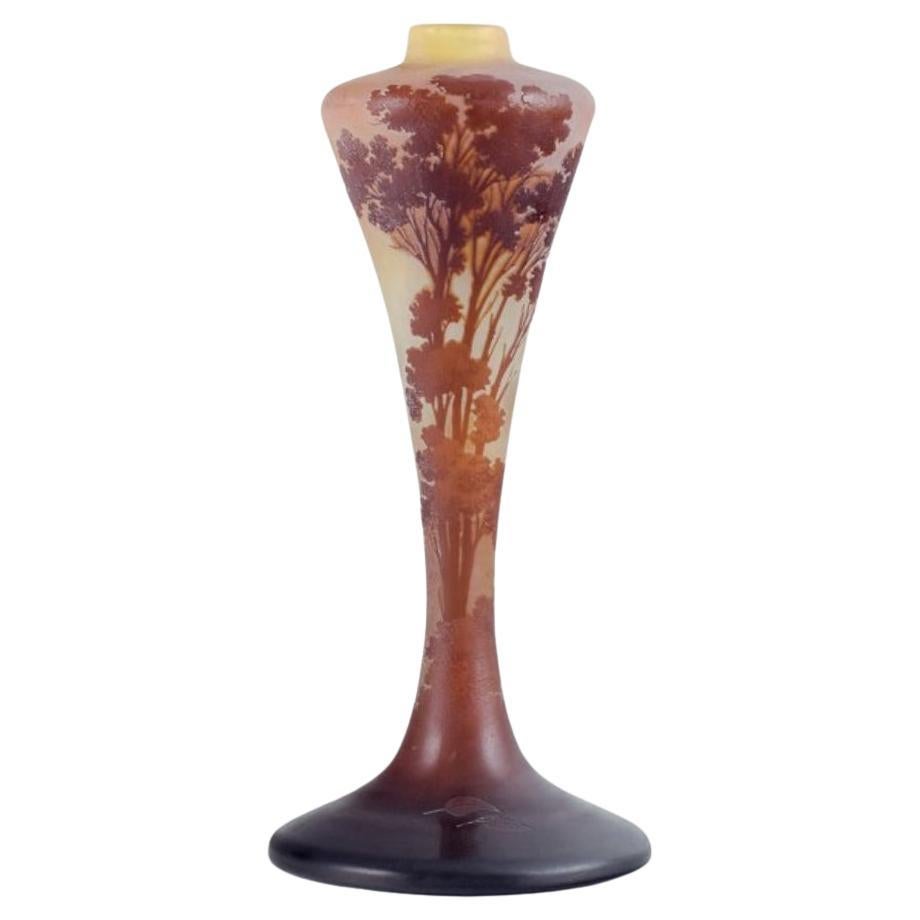 Emile Gallé, France, Art Nouveau glass vase with landscape motif in brown shades