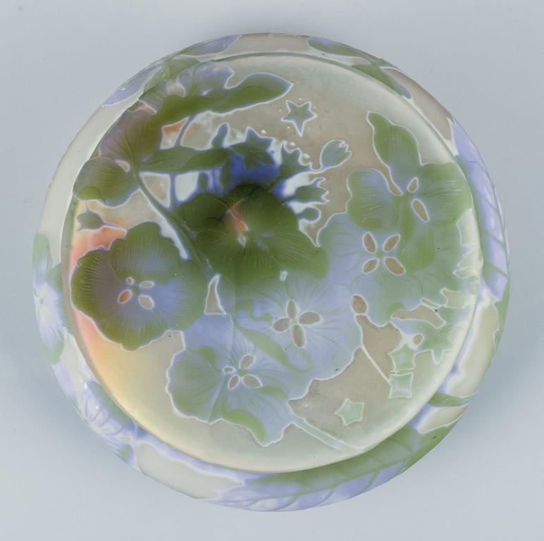French Emile Gallé, France. Rare glass bonbonniere / lidded jar, with floral motif.