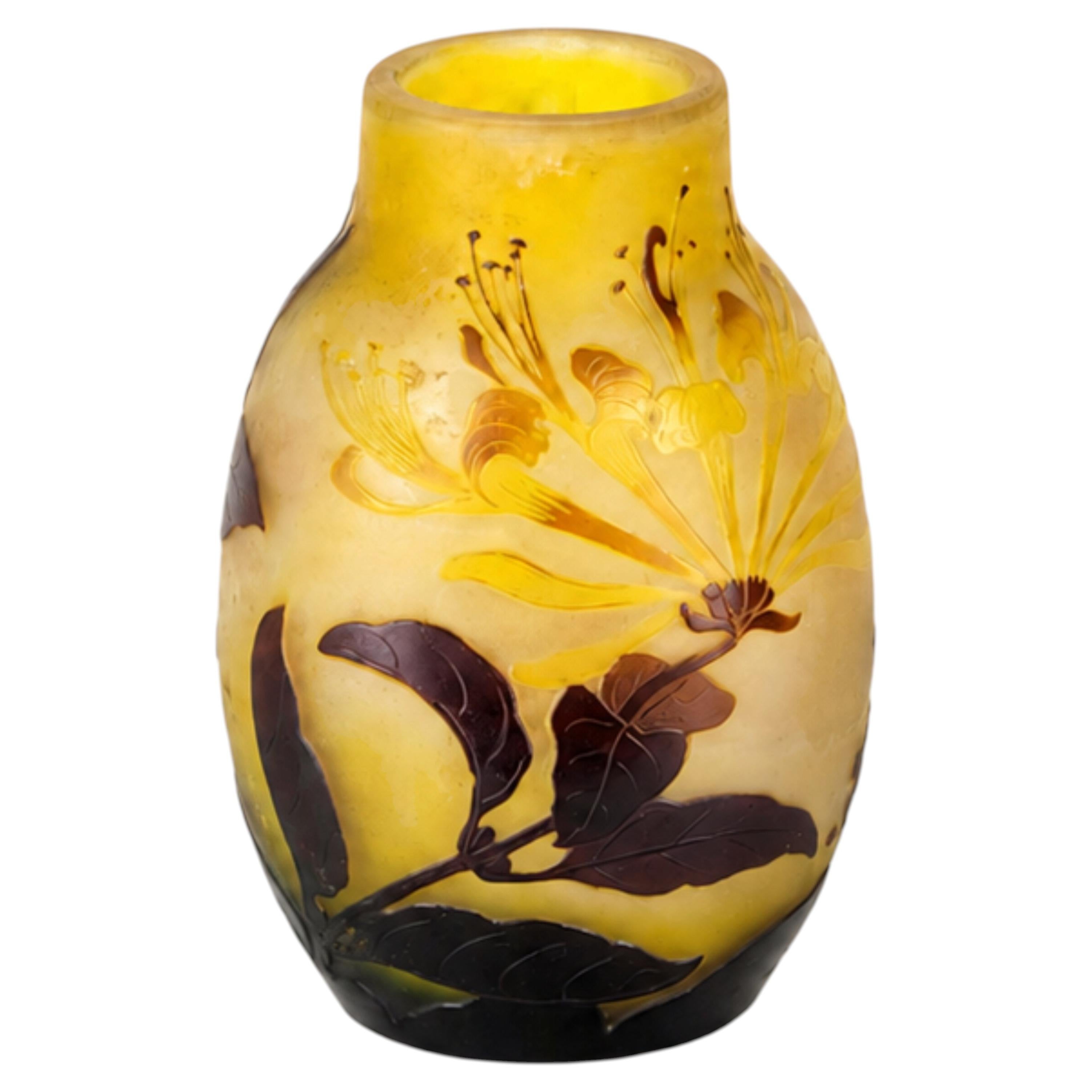 Émile Gallé French Art Nouveau Cameo Glass Vase with Fuchsia Flowers