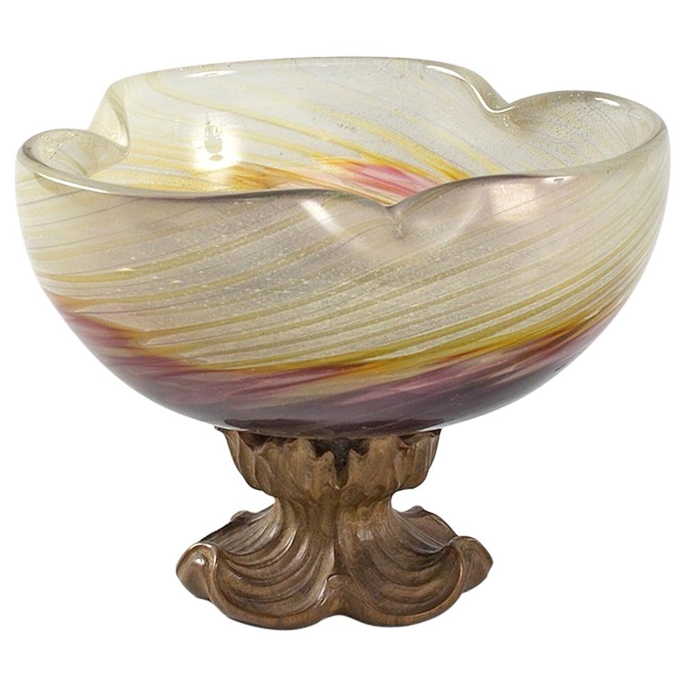 Emile Gallé French Art Nouveau Glass and Wood Footed Bowl For Sale