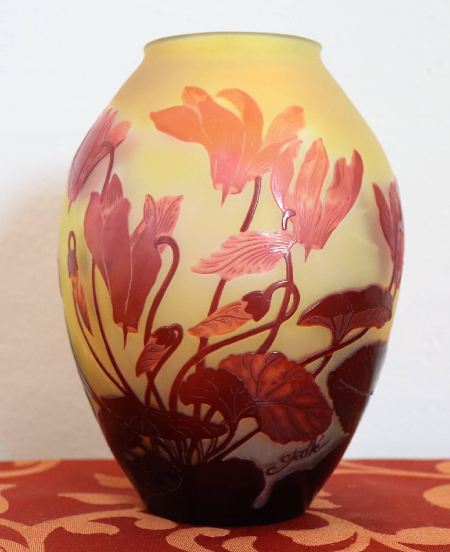 Important and refined French vase, circa1905.
Double glass vase, flower decoration in shades of red, etched on honey ground, embossed with a cameo 