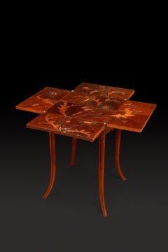 Émile Gallé Game Table in Walnut and Marquetry of Veneered Wood with a Floral