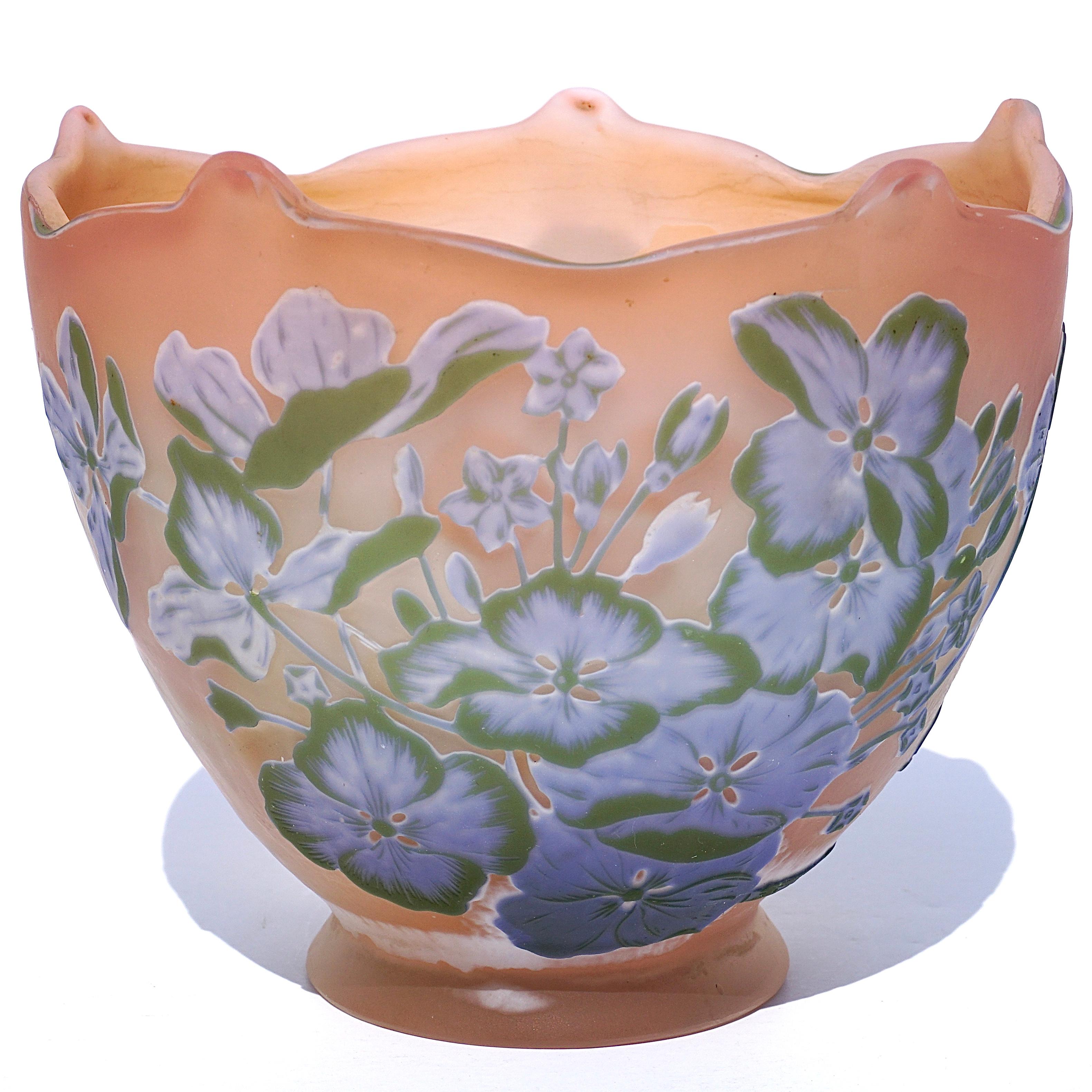 One of my personal favorites. The four color intricately carved Lilac design. Clear, peach, white, purple and green (four layers) carved and acid etched to please the eye. Than if that wasn’t enough; internally layer the inside with orange and carve