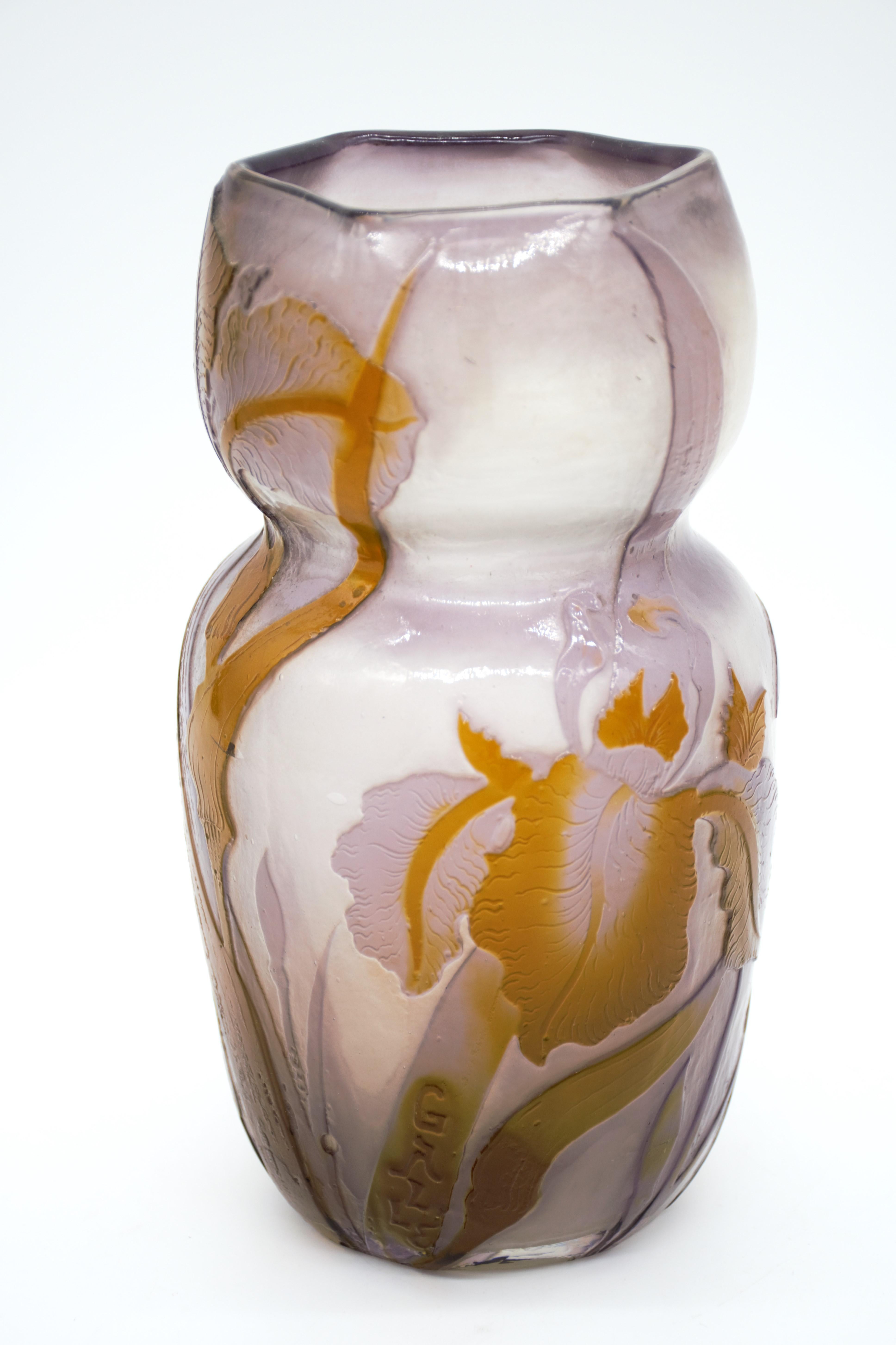 ÉMILE GALLÉ (1846-1904)
Rare and important 'Iris' Vase, circa 1900
Overlaid cameo and fire polished glass, well documented in books and exhibitions
Signed in cameo Gallé.

Measurements :
Height : 9 in. (22.9 cm)
Diameter :  5 in. (12.7