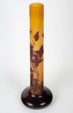 émile Gallé - Large Tube Vase Called “elephant Foot” With Clematis, Art Nouveau