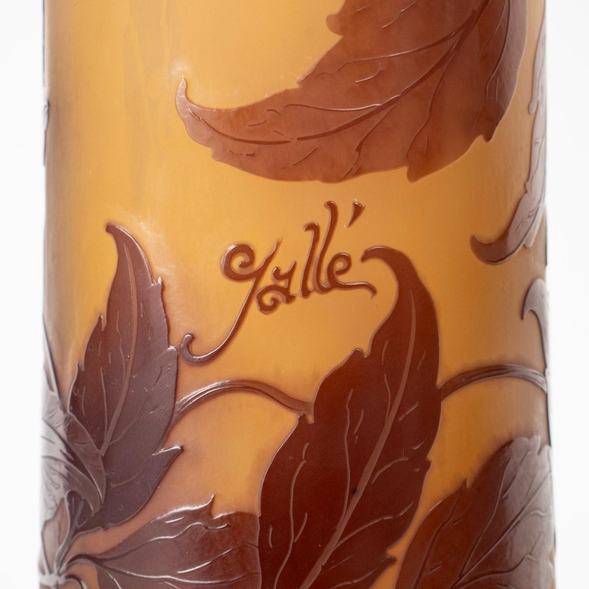 French émile Gallé - Large Tube Vase Called “elephant Foot” With Clematis, Art Nouveau For Sale