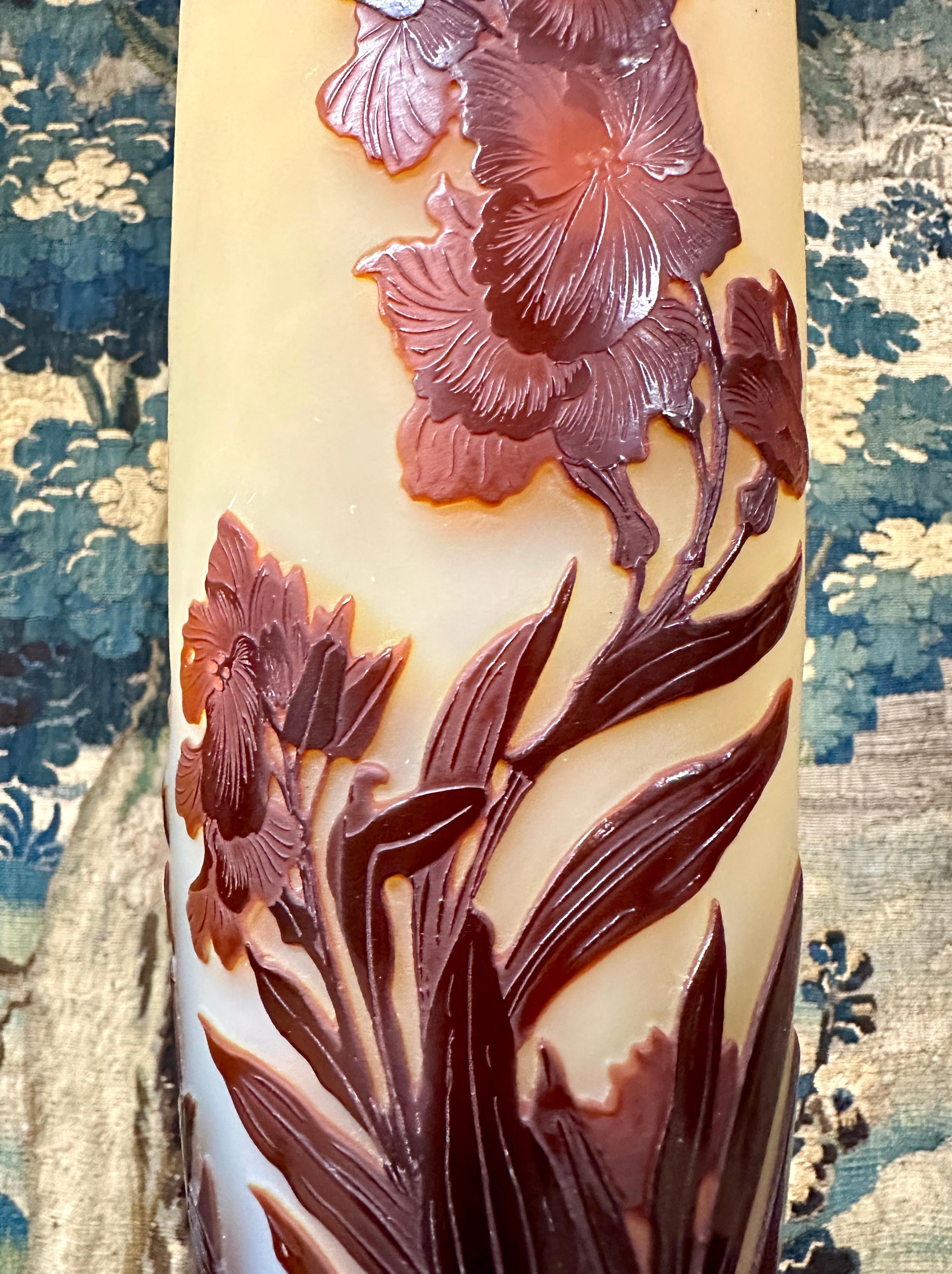 20th Century Emile Gallé, Large Vase Decorated with Red Flowers, Art Nouveau Glass Pate