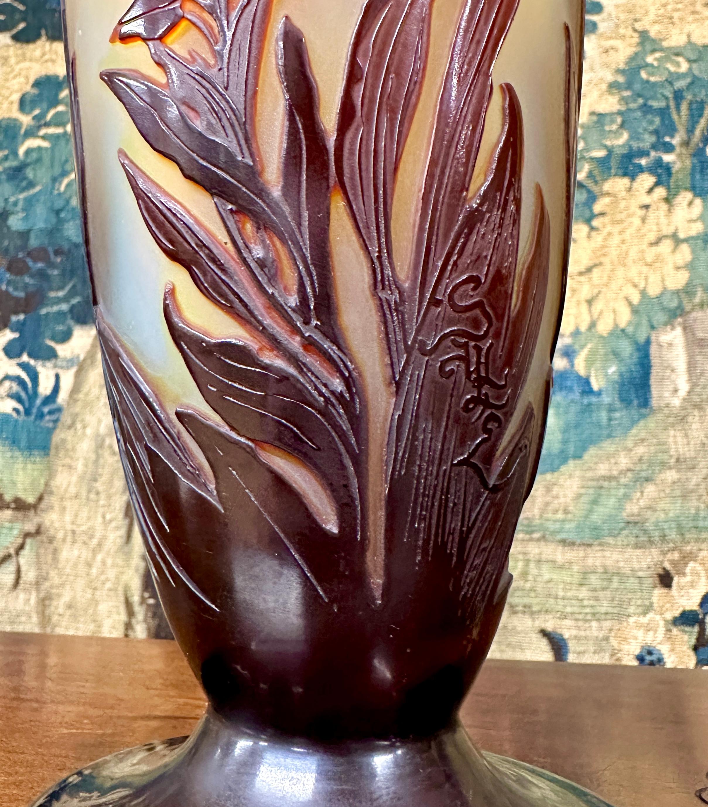 Emile Gallé, Large Vase Decorated with Red Flowers, Art Nouveau Glass Pate 1