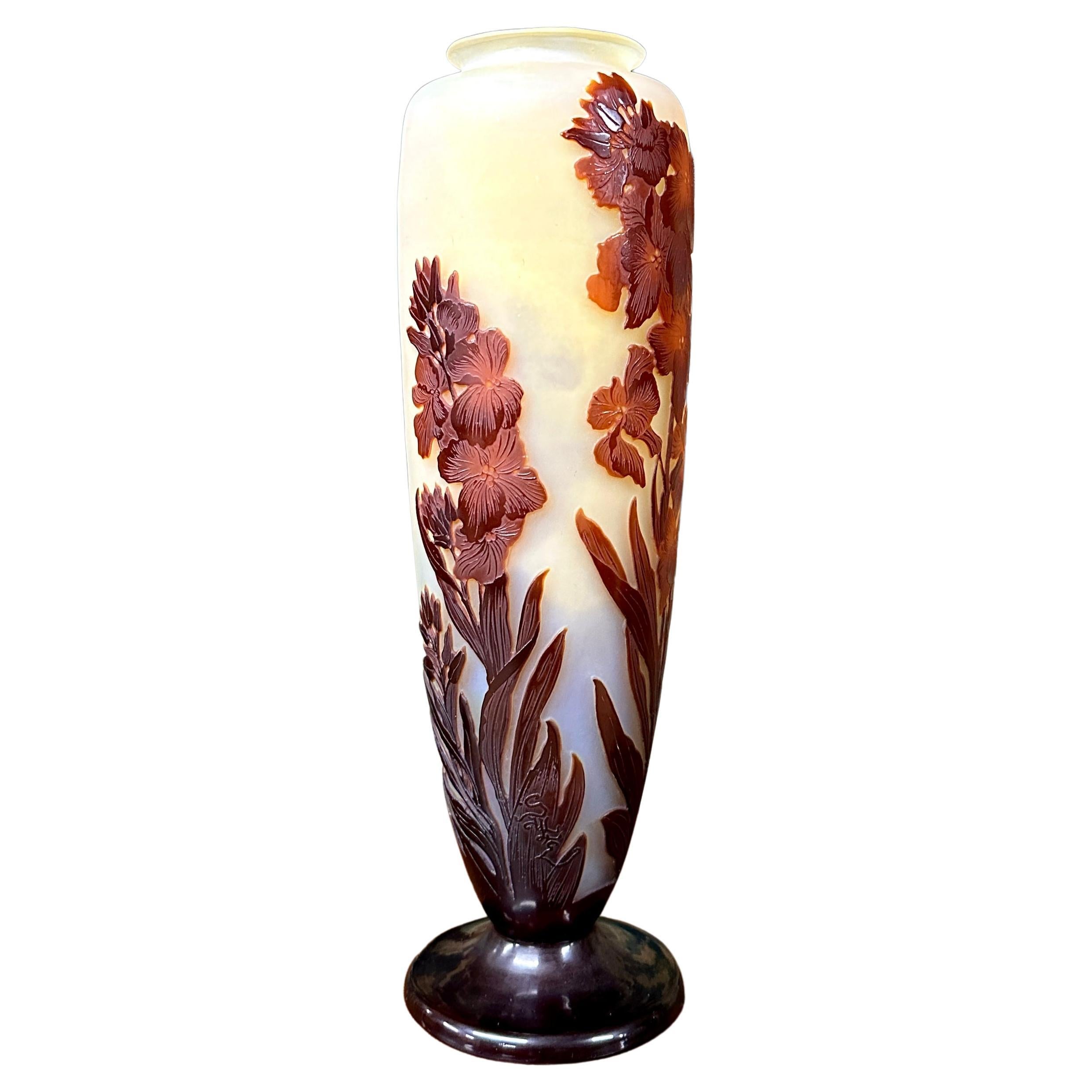 Emile Gallé, Large Vase Decorated with Red Flowers, Art Nouveau Glass Pate
