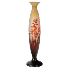 Antique émile Gallé - Large Vase With Orange And Red Crocosmia, Art Nouveau Glass Paste