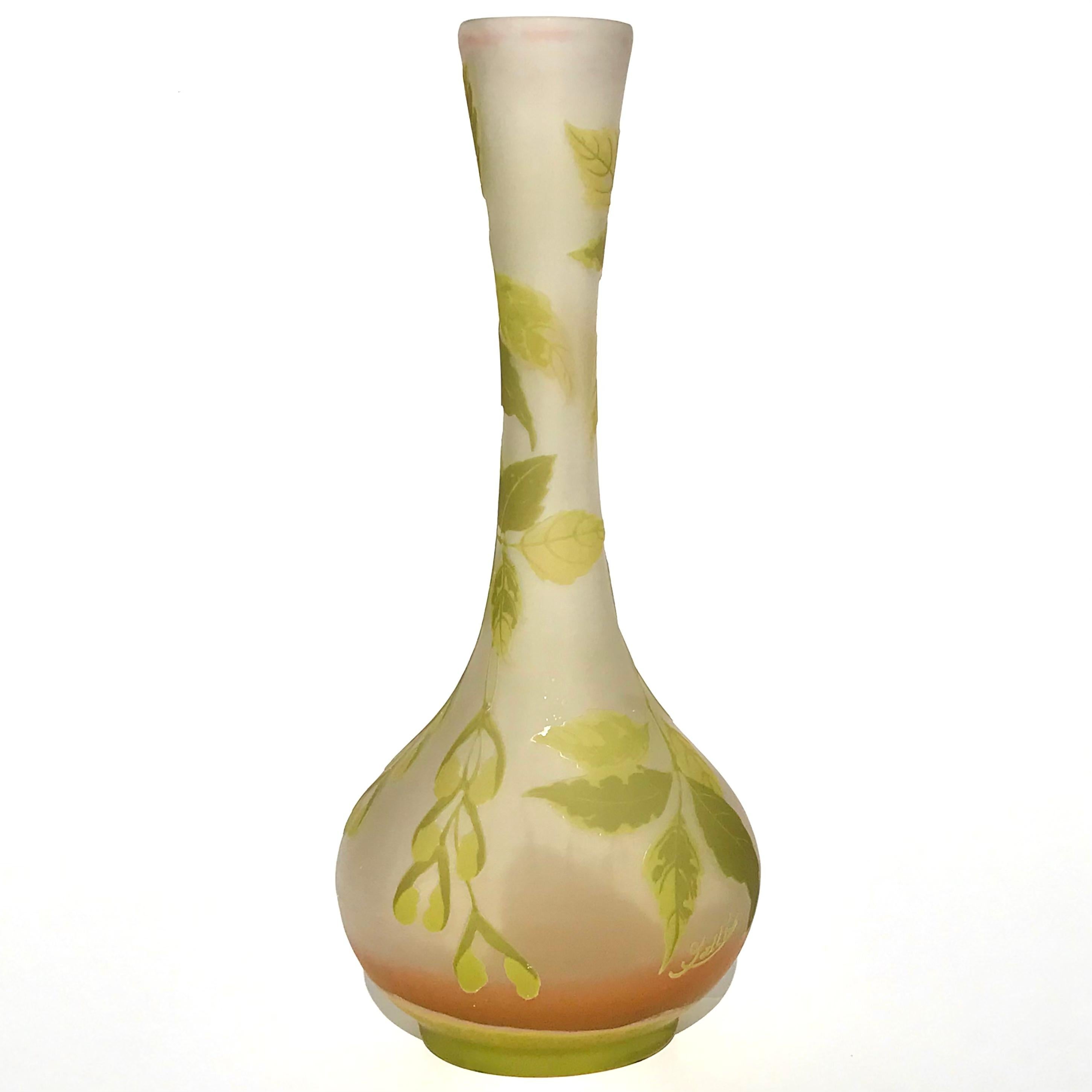 French Emile Galle Leaves And Pods Art Nouveau Tall Vase For Sale