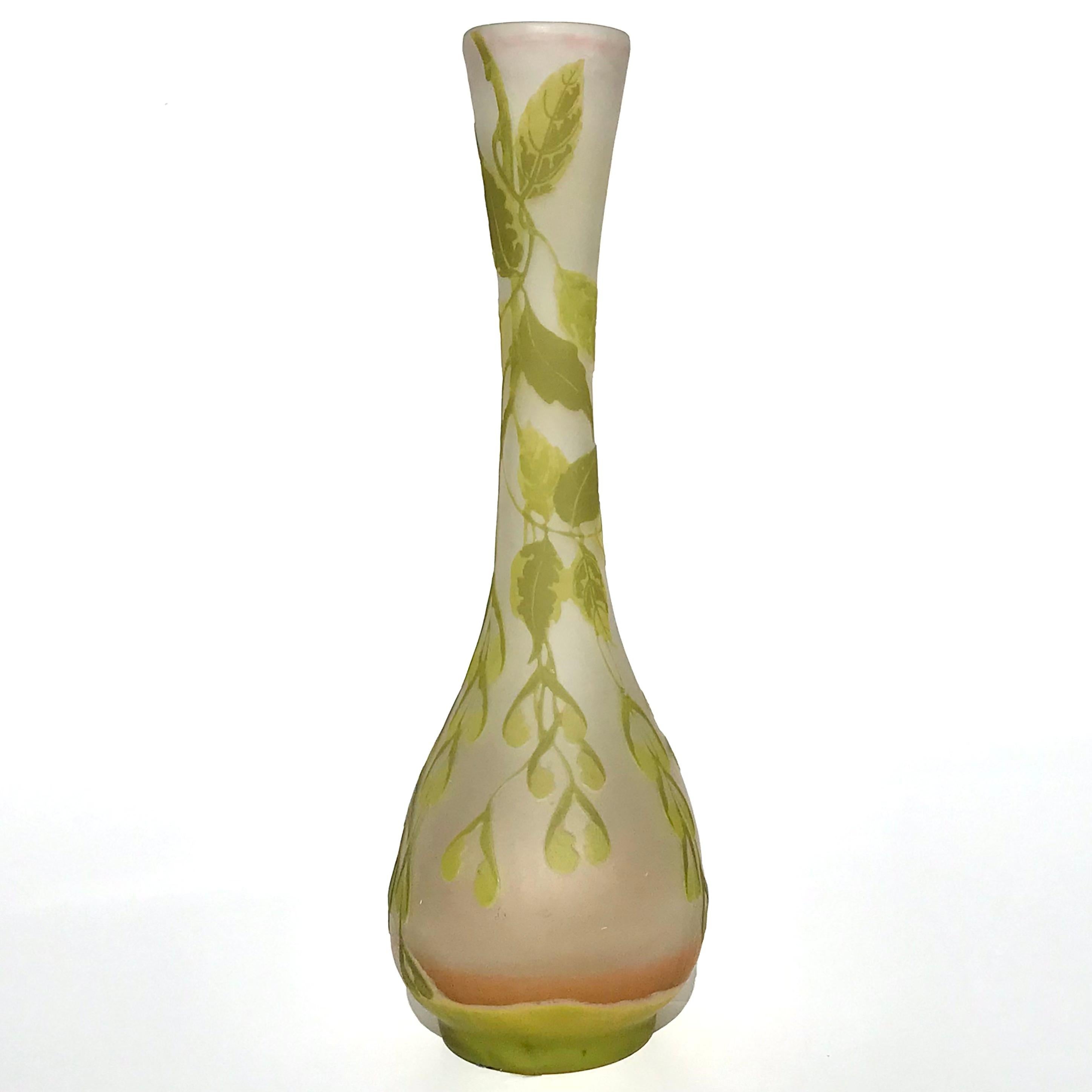 Fired Emile Galle Leaves And Pods Art Nouveau Tall Vase For Sale