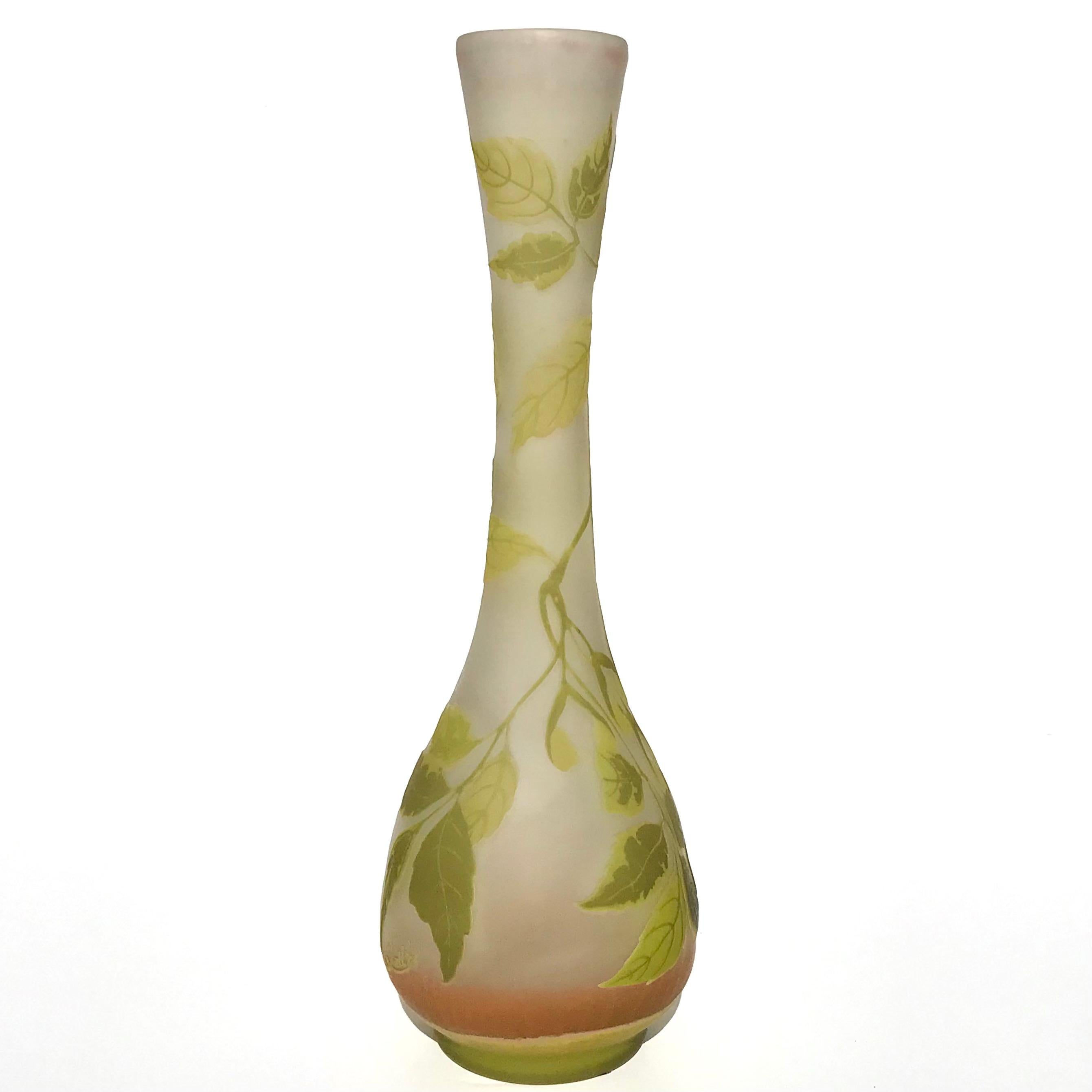 Emile Galle Leaves And Pods Art Nouveau Tall Vase In Excellent Condition For Sale In Dallas, TX