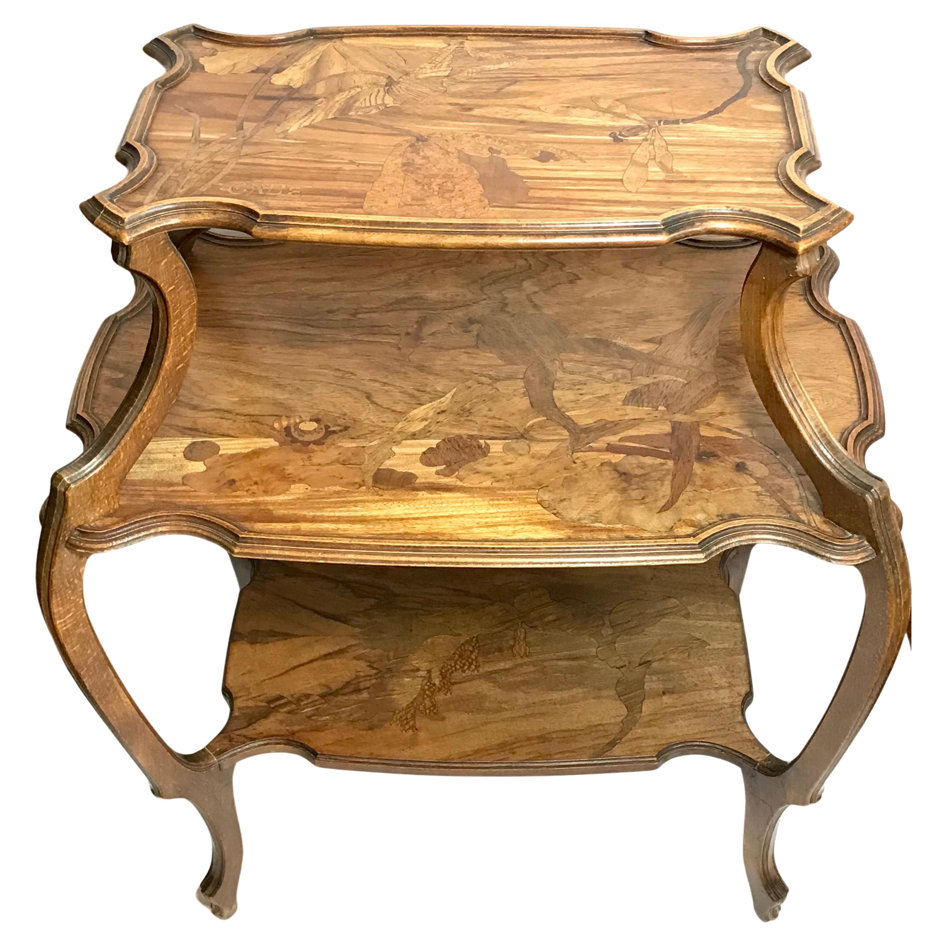 Emile Galle Marquetry Three Tier Dragonfy and Botanical Table For Sale