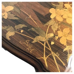 Emile Galle Marquetry Two Tiered Walnut and Fruitwood Table