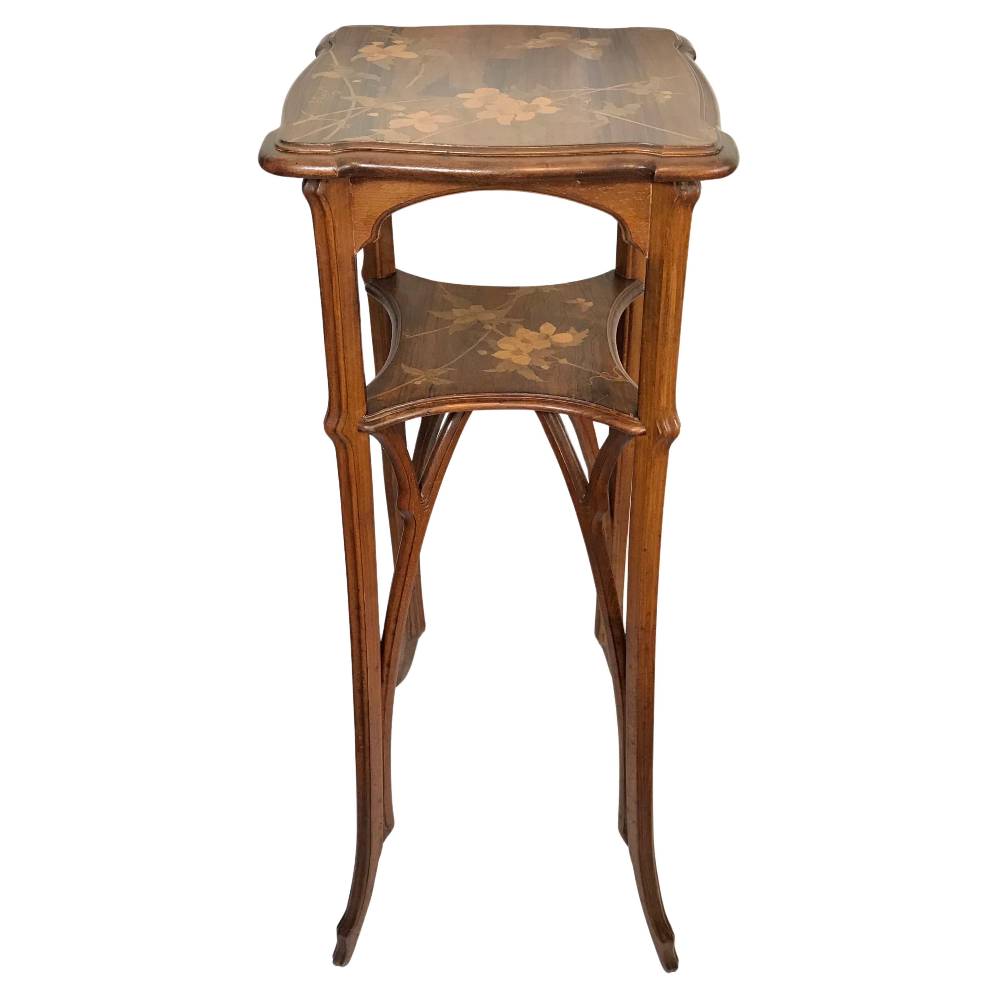 French Emile Galle Marquetry Two Tiered Walnut and Fruitwood Table For Sale