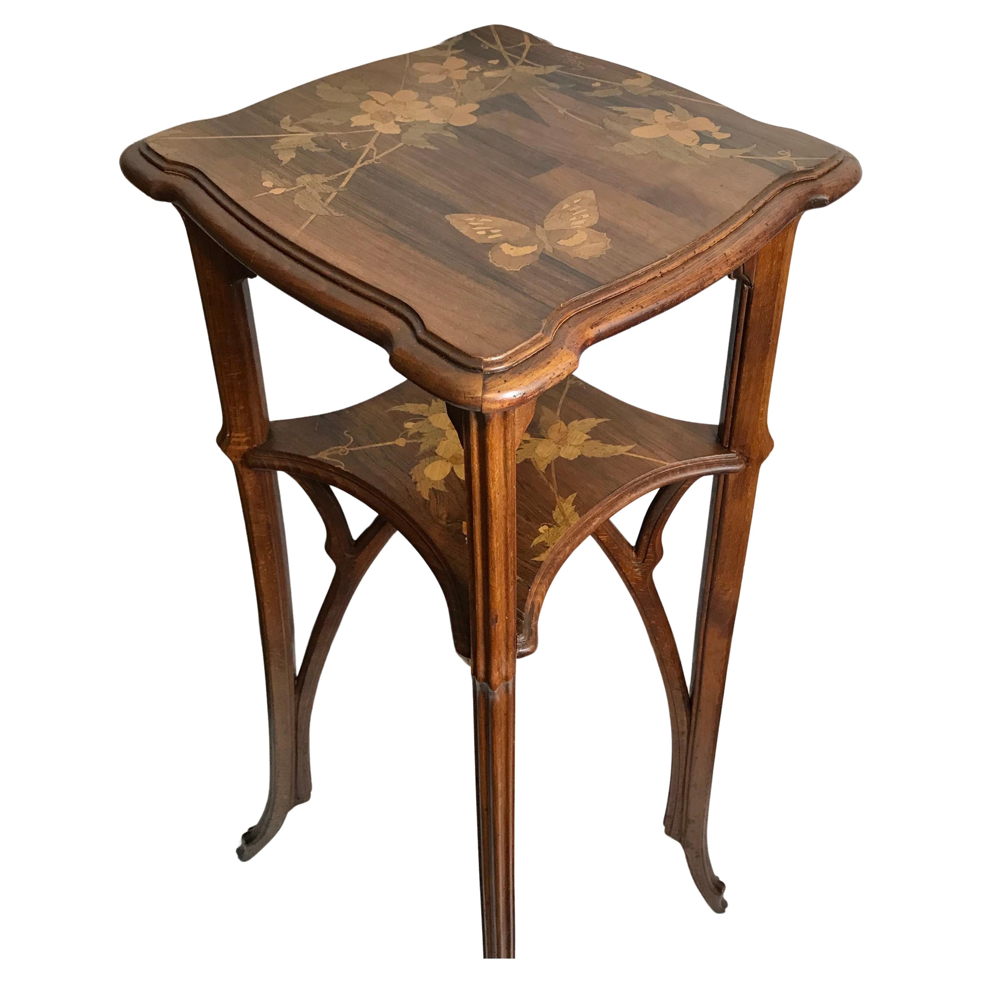 Early 20th Century Emile Galle Marquetry Two Tiered Walnut and Fruitwood Table For Sale