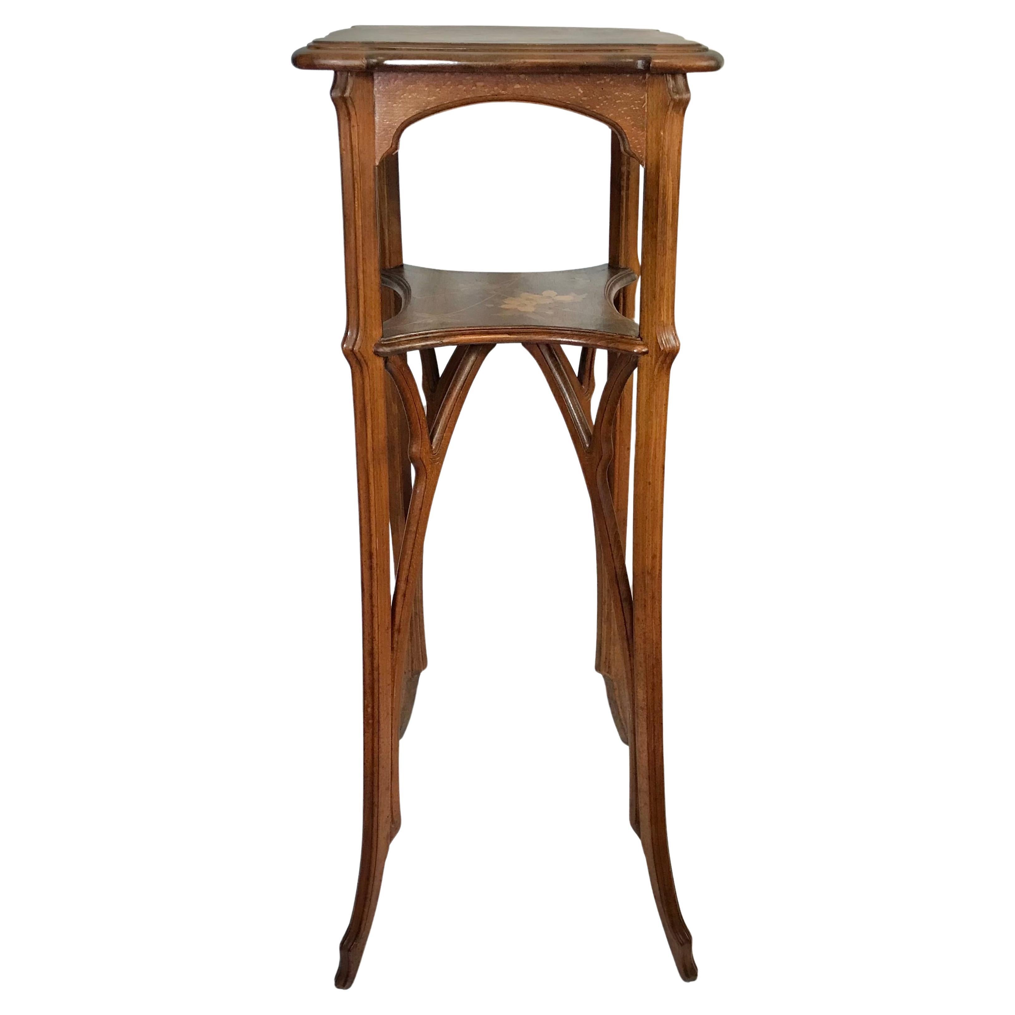 Emile Galle Marquetry Two Tiered Walnut and Fruitwood Table For Sale 1