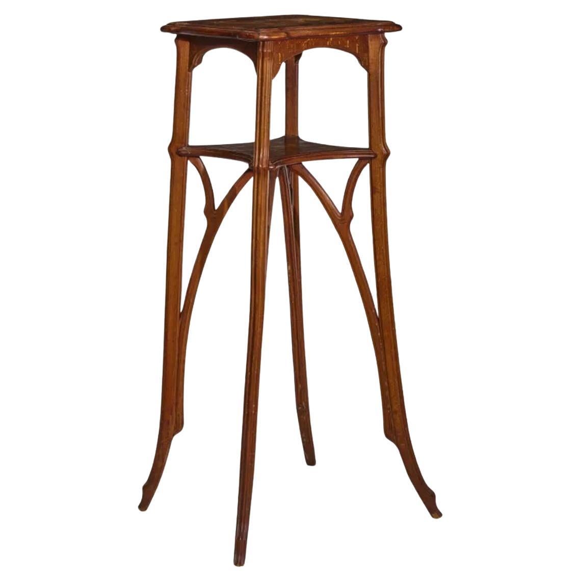 Emile Galle Marquetry Two Tiered Walnut and Fruitwood Table For Sale