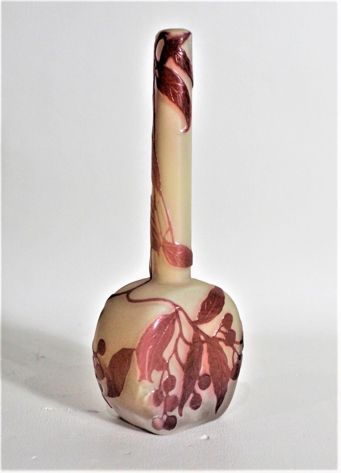 Hand-Crafted Emile Gallé Miniature Cameo Art Glass Cabinet Vase with Leaf & Berry Decoration