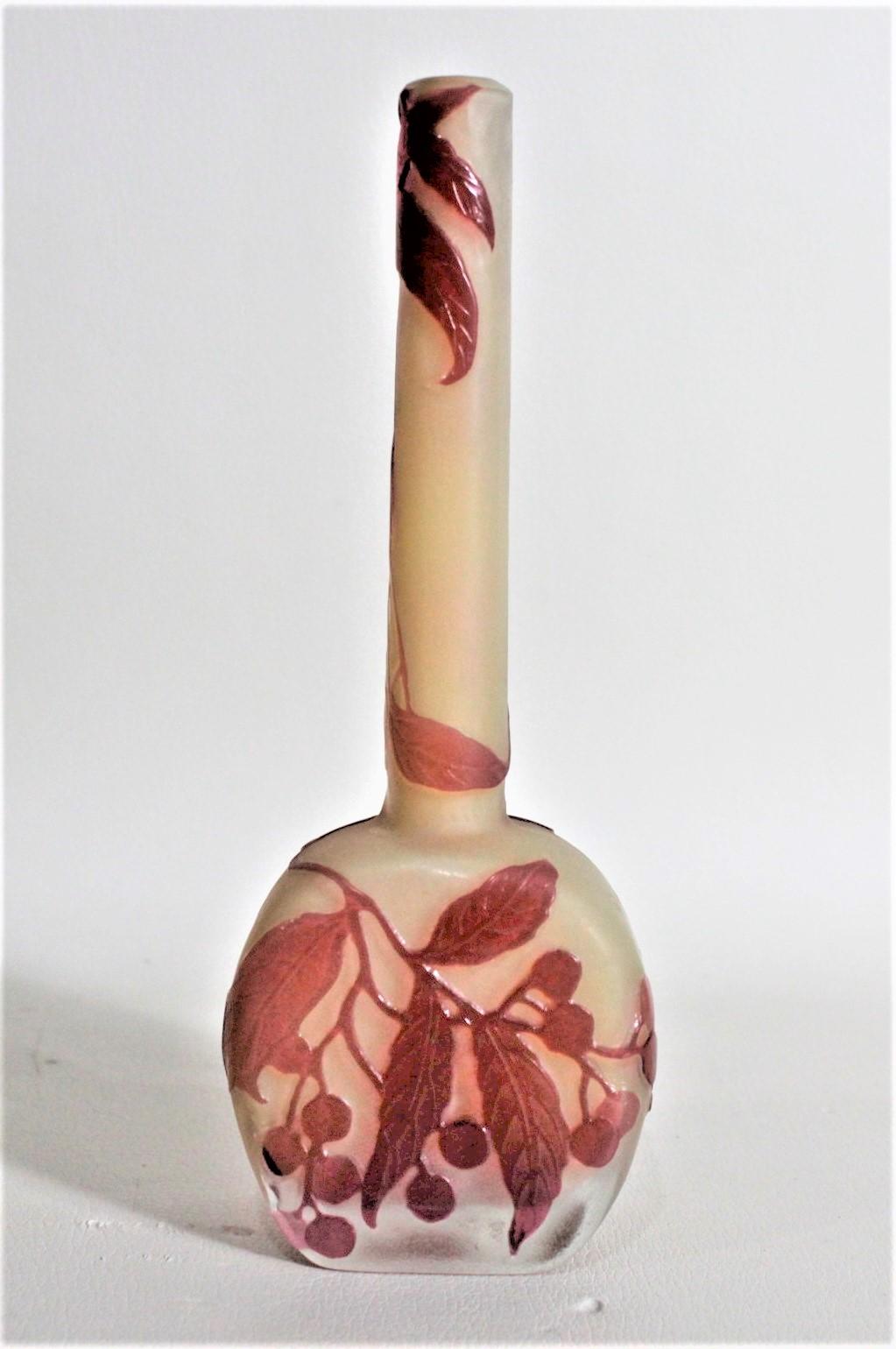 Emile Gallé Miniature Cameo Art Glass Cabinet Vase with Leaf & Berry Decoration In Good Condition In Hamilton, Ontario
