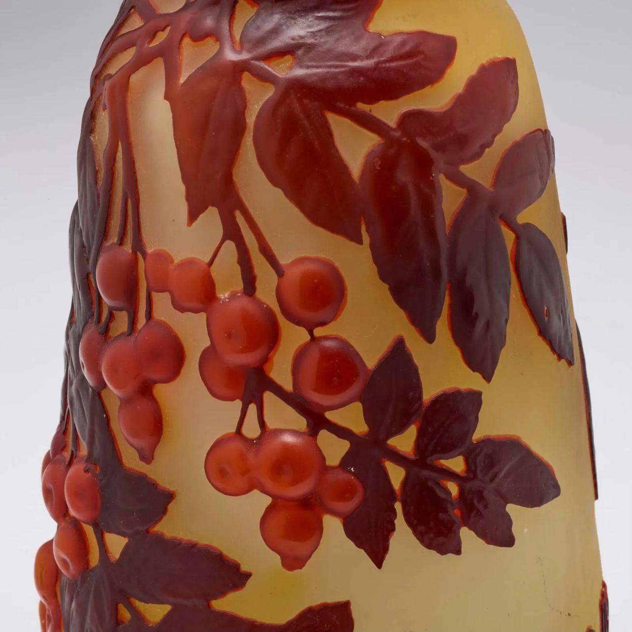 Art Glass Emile Galle Mold Blown Red Berries Art Nouveau Vase