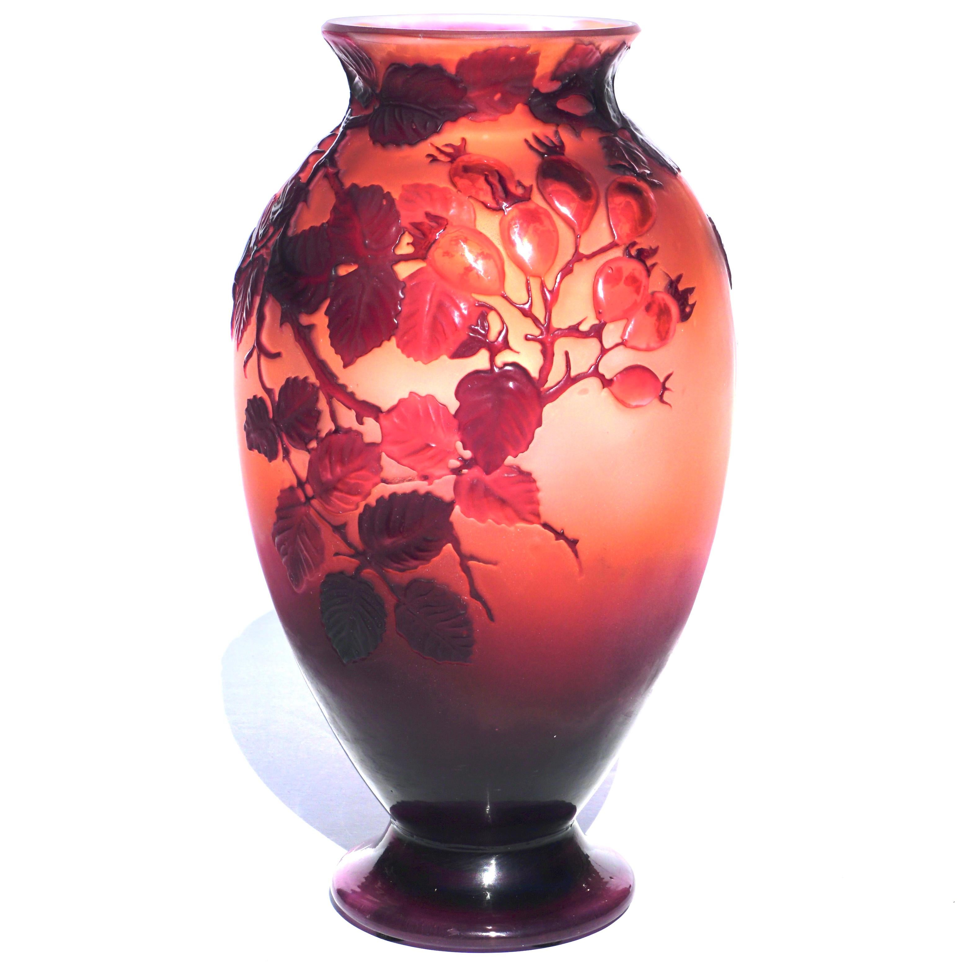 Émile Gallé (Fr. 1846 - 1904) Red Blown Out Wild Rose Cameo Art Nouveau Vase.
Wild Rose vase circa 1900-1910
Mould-blown out cameo glass. 
Height: 9.35 inches (24 cm) diameter: 5.5 inches
Signed in cameo “Gallé”.
Condition: Very good with one