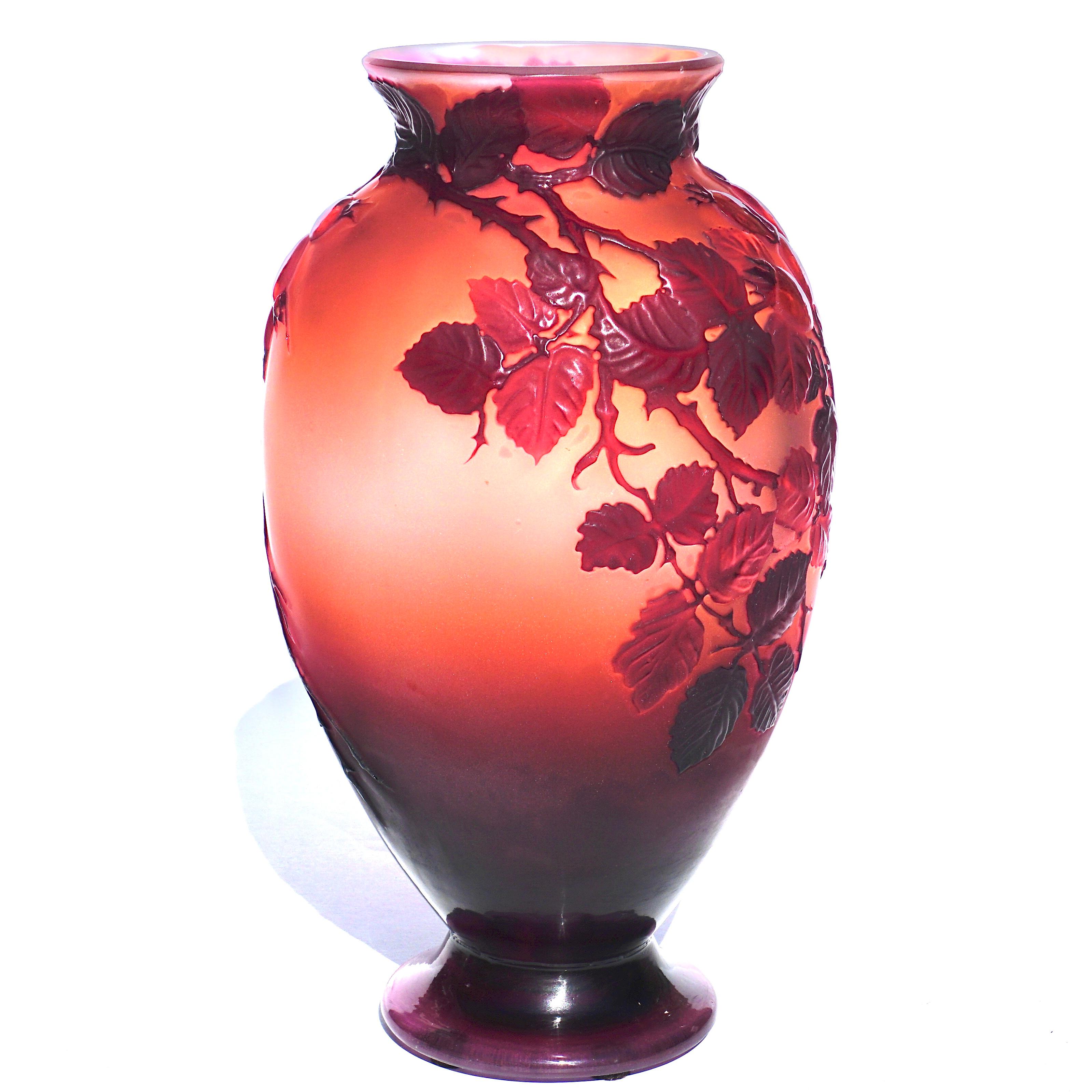 French Emile Galle Mold Blown Wild Rose Art Nouveau Vase