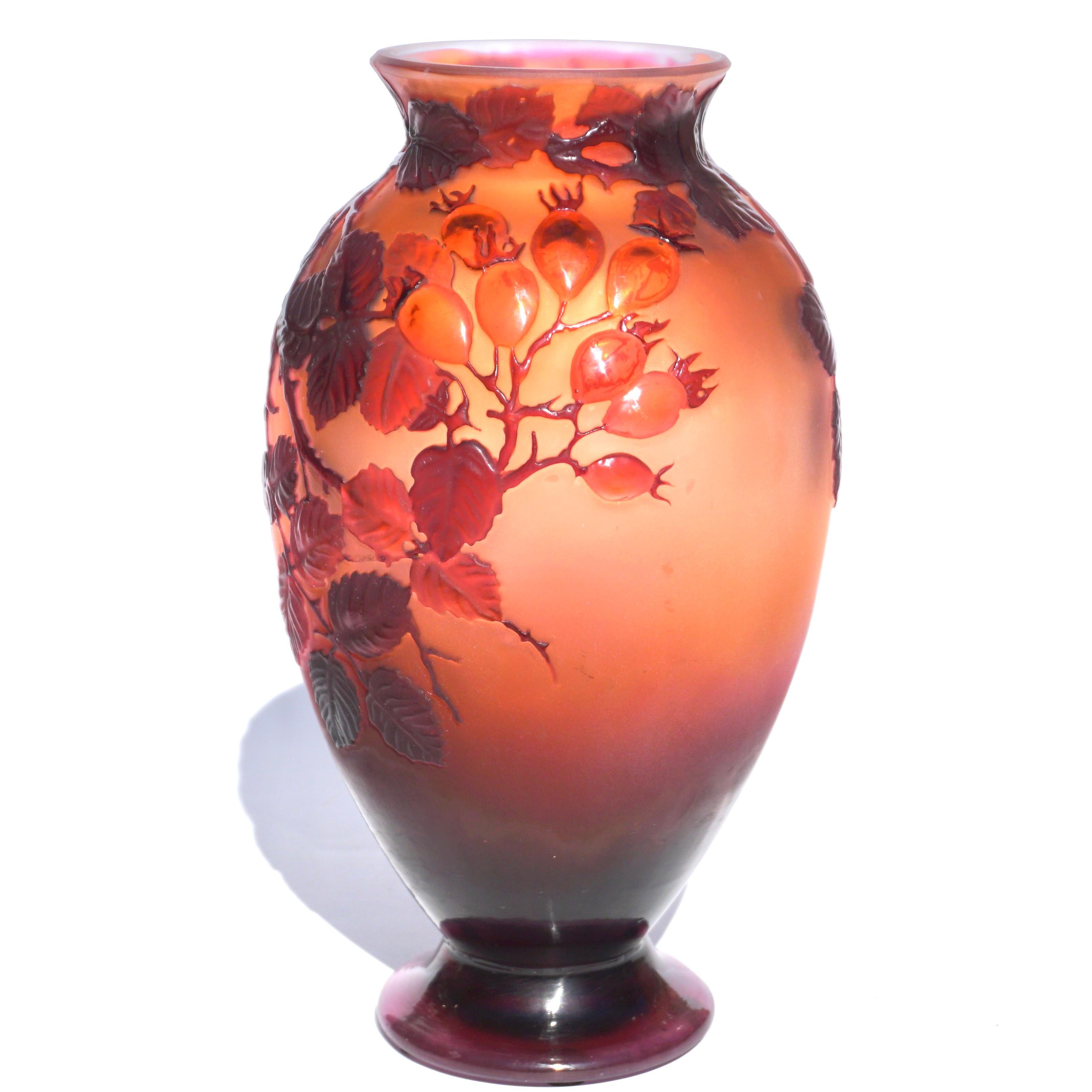 Art Glass Emile Galle Mold Blown Wild Rose Art Nouveau Vase
