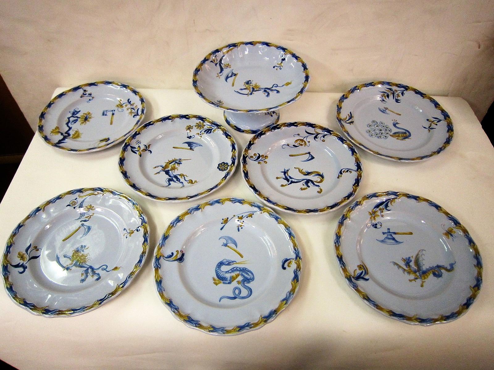 Emile Galle, Nancy Set of Seven Dishes and One Serving Dish in Blues and Gold 10