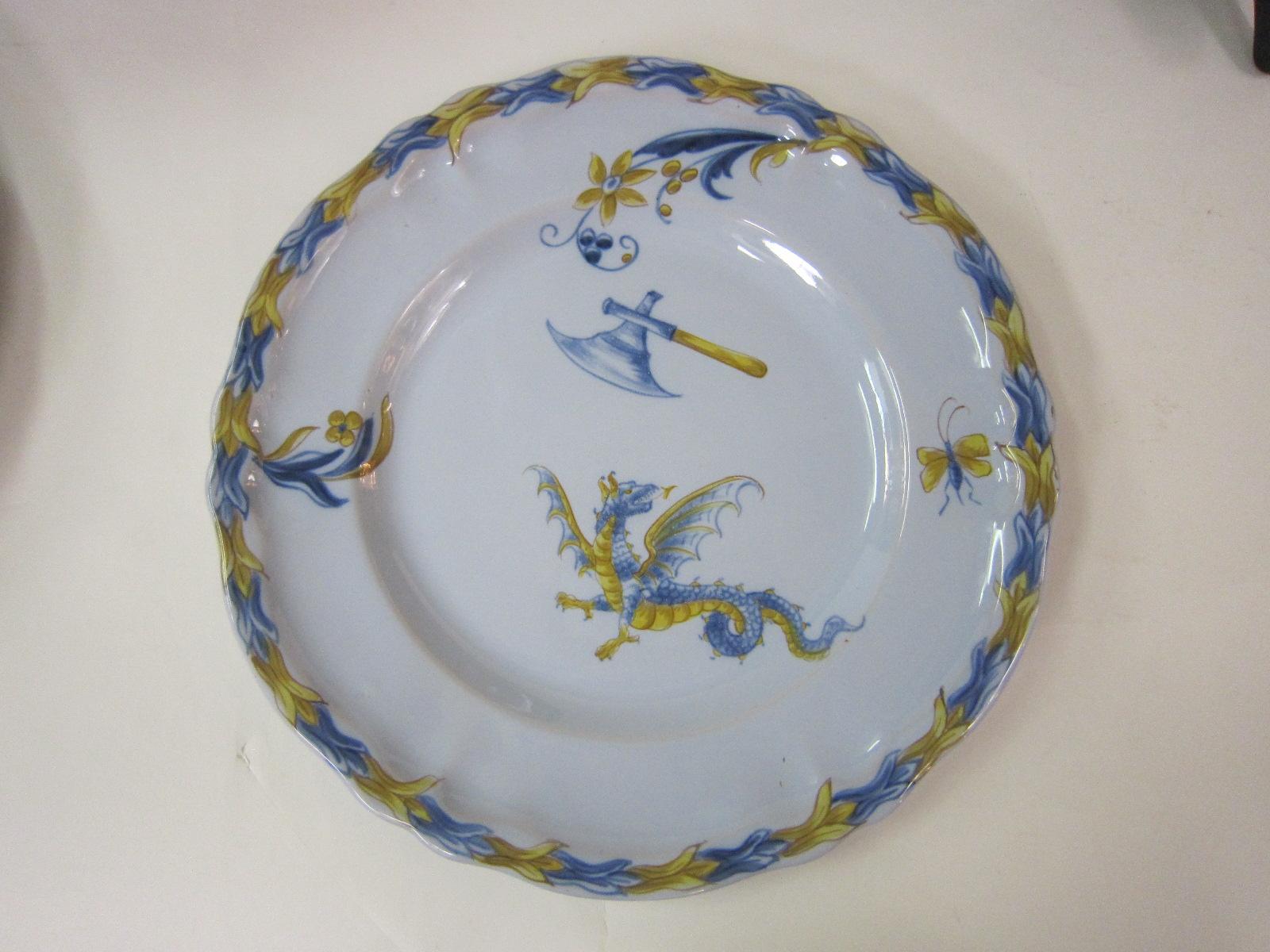 Emile Galle, Nancy Set of Seven Dishes and One Serving Dish in Blues and Gold In Good Condition In New York City, NY