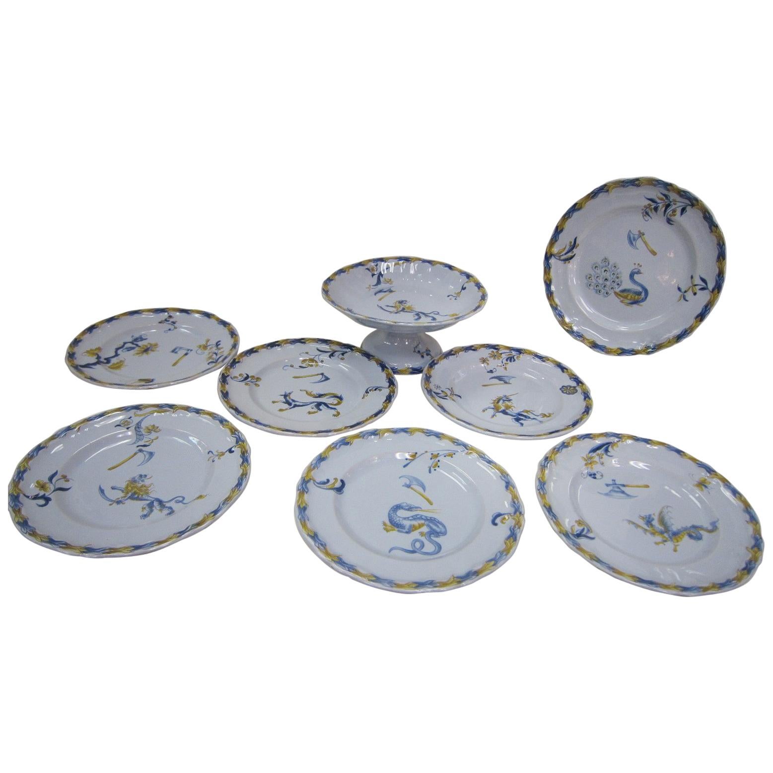 Emile Galle, Nancy Set of Seven Dishes and One Serving Dish in Blues and Gold