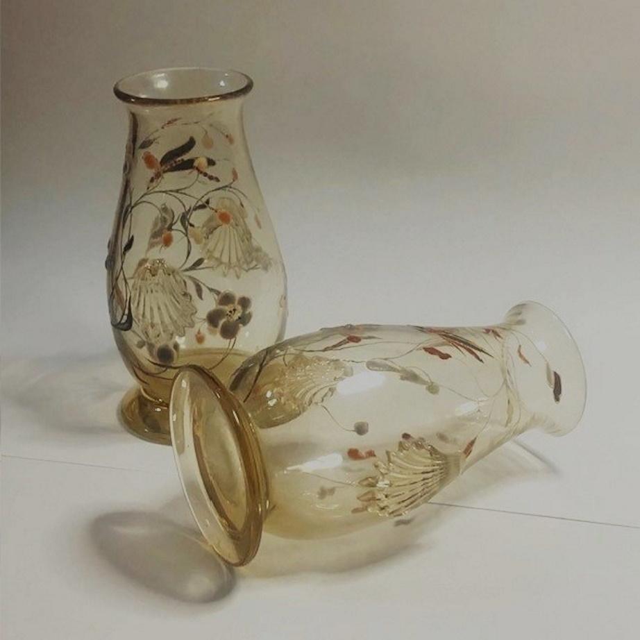 Émile Gallé, Napoleon III, a Pair of Enameled Art Glass Cabinet Vases, ca. 1870s For Sale 4