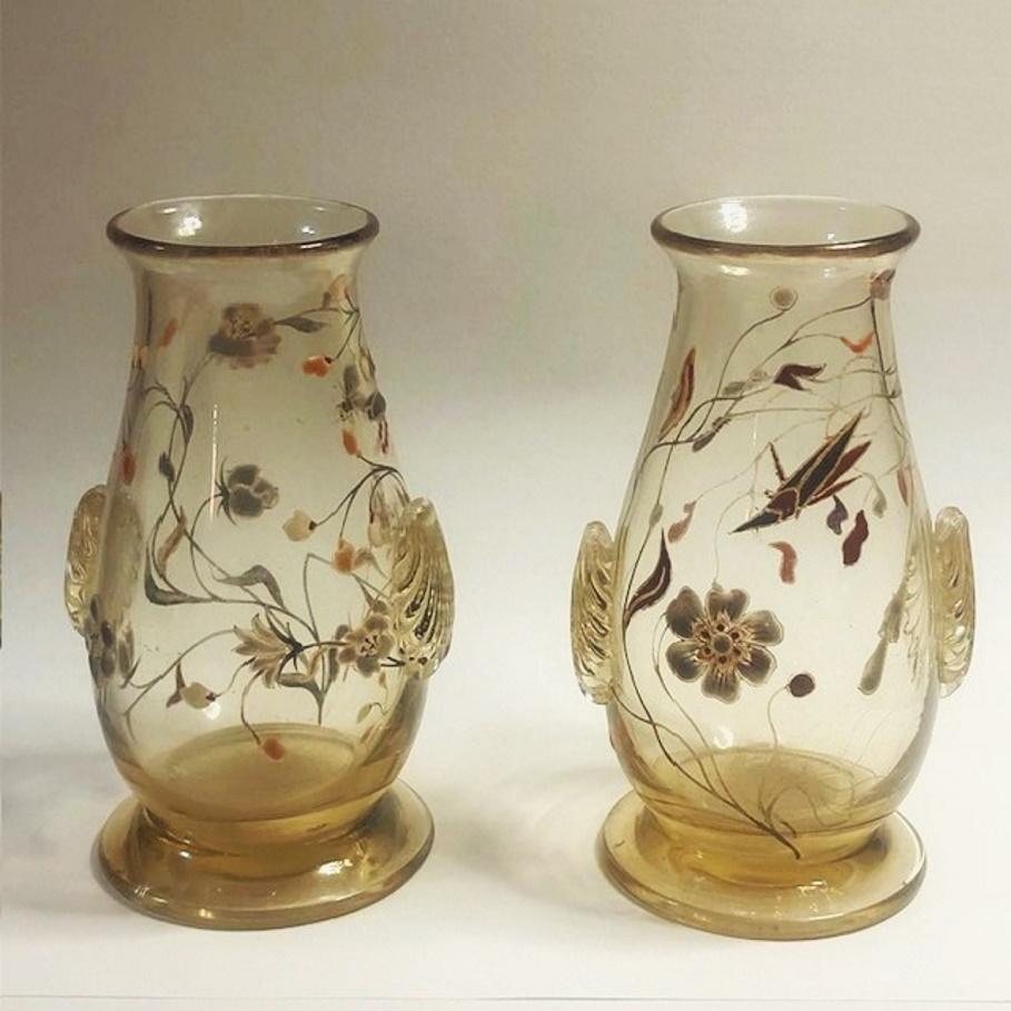 Émile Gallé, Napoleon III, a Pair of Enameled Art Glass Cabinet Vases, ca. 1870s For Sale 7