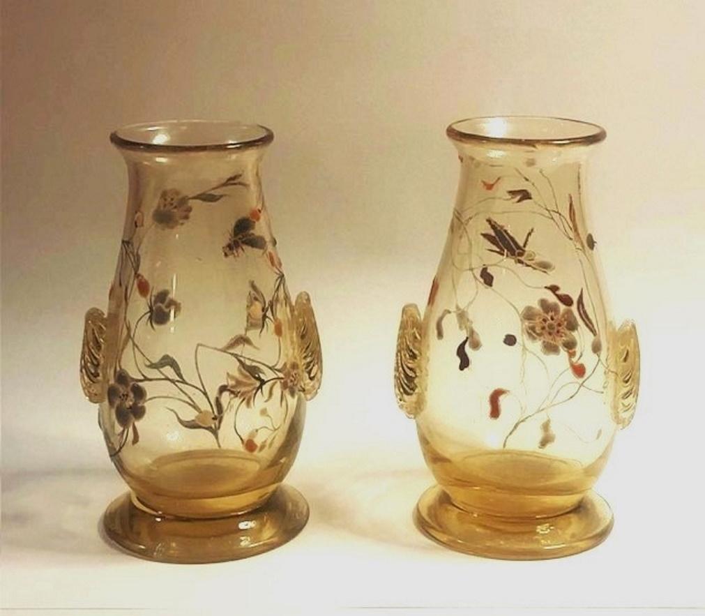 Napoleon III Period
Émile Gallé
A Pair of Cabinet Vases
Multi-Color Enamel, Clear Art Glass 
Nancy, France 
Circa 1870s

DIMENSIONS
Height: 3.57 in         Upper diameter: 1.63 in         Width: 2,25 in         Bottom diameter; 1.63 in        