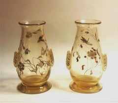 Émile Gallé, Napoléon III, paire de vases de cabinet en verre d'art émaillé, vers 1870