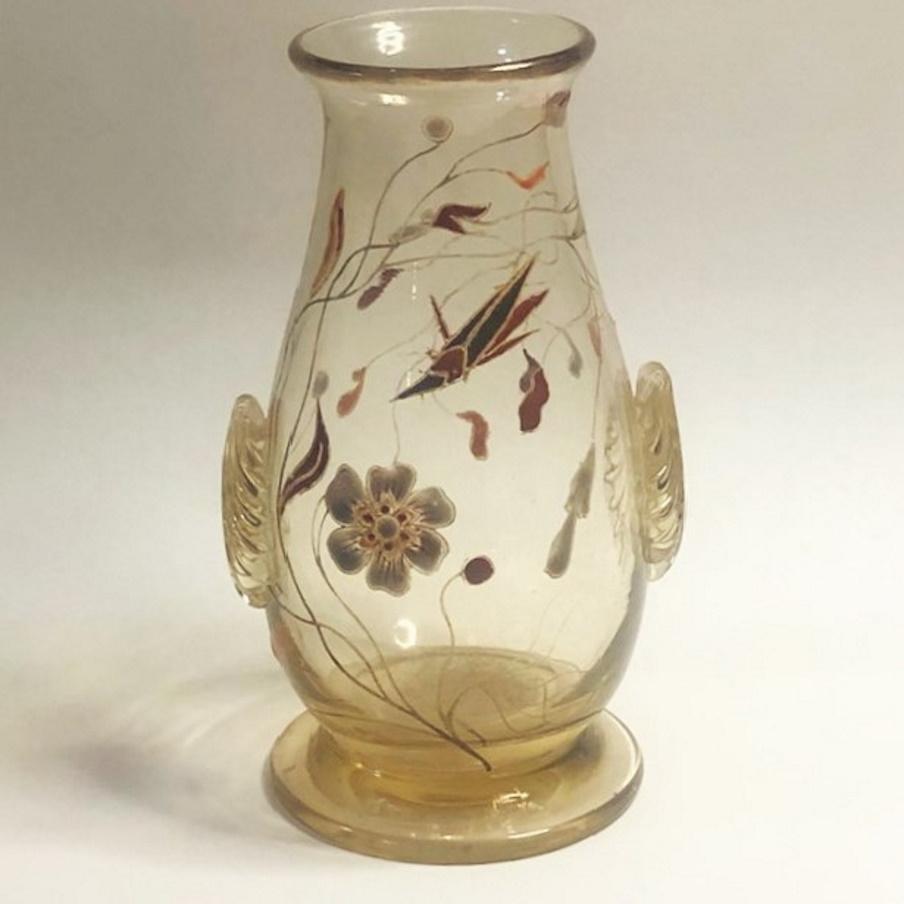 French Émile Gallé, Napoleon III, a Pair of Enameled Art Glass Cabinet Vases, ca. 1870s For Sale