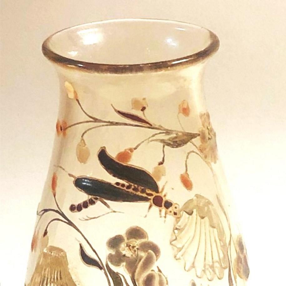 Late 19th Century Émile Gallé, Napoleon III, a Pair of Enameled Art Glass Cabinet Vases, ca. 1870s For Sale