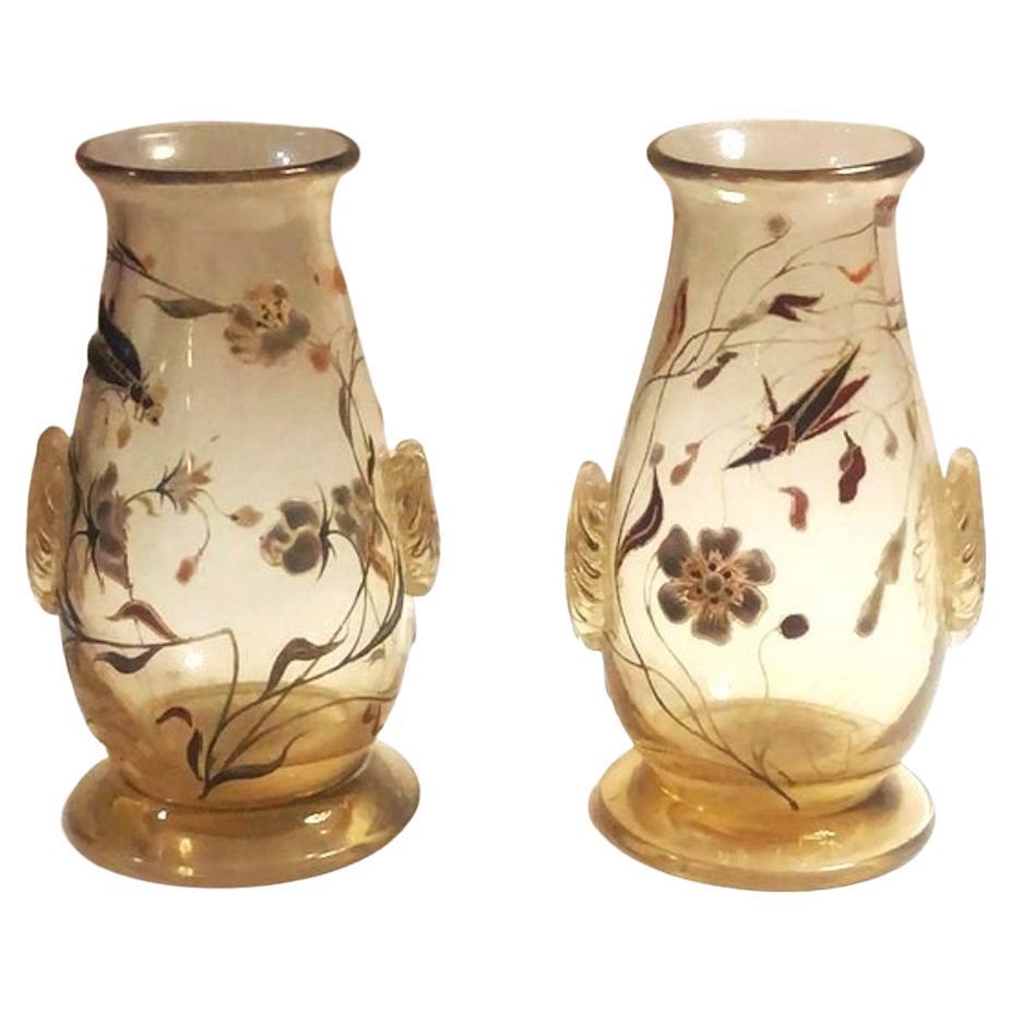 Émile Gallé, Napoleon III, a Pair of Enameled Art Glass Cabinet Vases, ca. 1870s For Sale